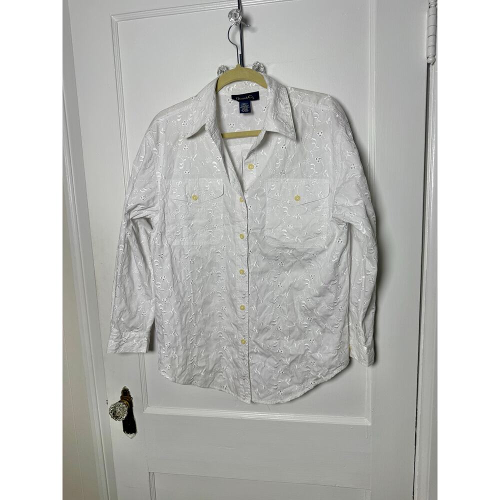 Vintage 90s Denim & CO White Eyelet Floral Girly Cotton Button Down Shirt Small